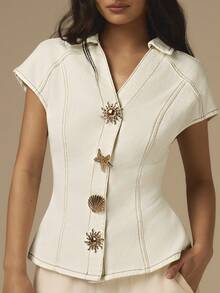 COSMINA 女士白色牛仔金属纽扣短袖上衣，连帽半袖牛仔T恤衬衫款，休闲优雅通勤简约Y2K牛仔上衣 - 白色 - 查看 4