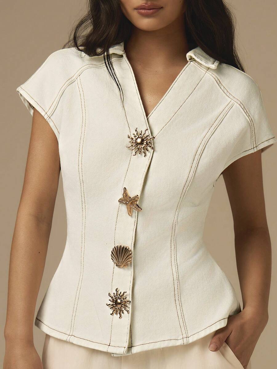 COSMINA Women's White Denim Metal Button Short Sleeve Top, Hooded Sleeve Half Sleeve Denim T-Shirt Shirt Style Casual Elegant Commuter Minimalist Y2K Denim Top - White - View 1