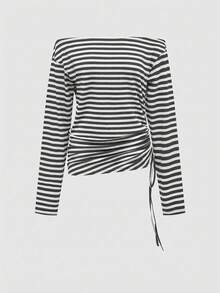 ROMWE J-Fashion Y2K Sexy Striped Batwing Sleeve Ruched Drawstring Off Shoulder Women's Set - Grey - View 3