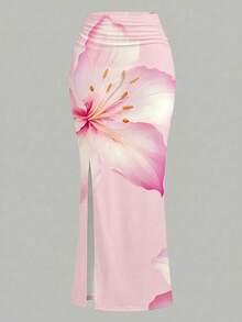 Teen Girl Floral Print Asymmetric Ruched Fitted Mini Skirt 2-Piece Set, Casual Summer/Vacation Outfit - Multicolor - View 3