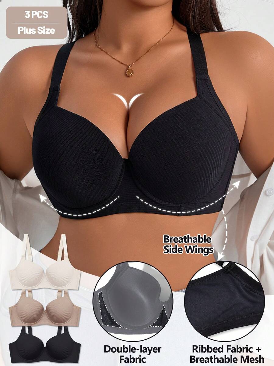 NudeFit 3 pezzi Reggiseno con imbottitura e sollevamento istantaneo in tessuto a costine, comodo e casual, per taglie forti - Multicolore - Visualizzare 1