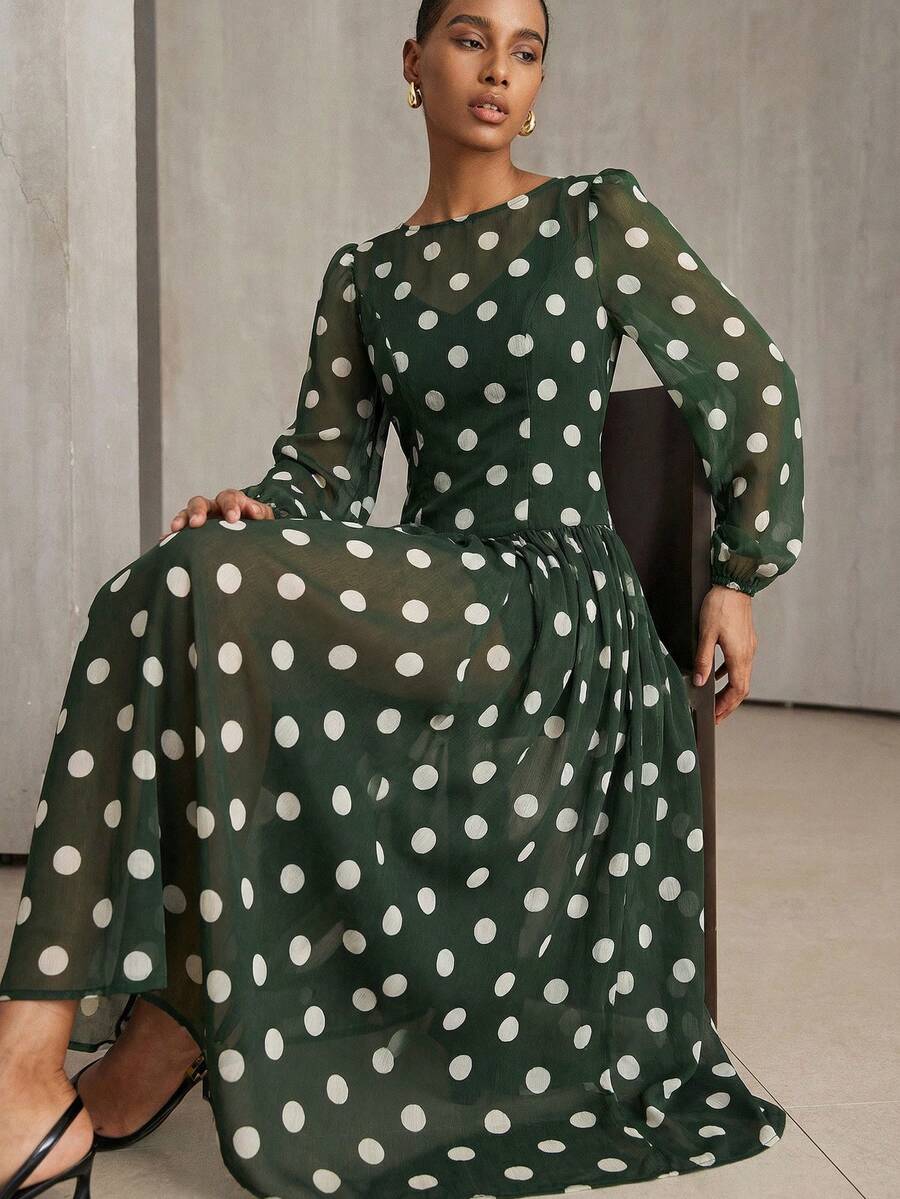 Aveloria Modichic Minimalist Chiffon Polka Dot Retro Lightweight Long Sleeve Dress (Random) - Green - View 1