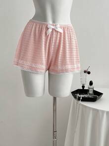 Elamini Frühlings-/Sommer-süßer, niedlicher, sexy V-Ausschnitt Rüschen-Träger Camisole, Schleife Spitzenstruktur Camisole und Shorts 2-teiliges Set - Pink - Übersicht 4