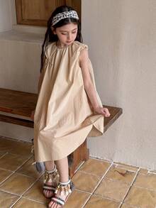 DAZY Tween Girls' Solid Color Round Neck Pleated Casual Loose Dress Summer - Khaki - View 5