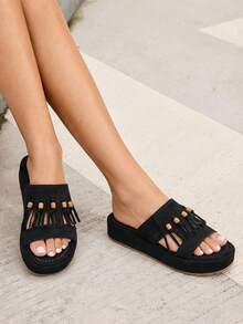 HighSole 女士露趾平底凉鞋，轻便透气，适合日常穿着 - 黑色 - 查看 5