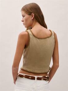 Nöista A Slim-Fit Cropped Vest Made Of High-Elasticity Light Beige Knit Fabric. The Neckline And Hem Feature Tonal Chunky Knit Crochet Trim, Adding Detail And Dimension. The Low Saturation Makes It Easy To Wear Alone Or As A Base Layer. - Khaki - View 2