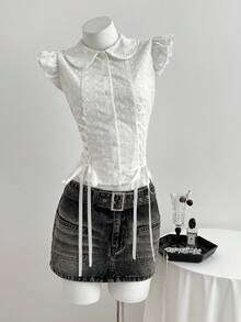 Elamini Falda vaquera de cintura baja con ojales metálicos de moda - Gris Oscuro - Ver 3