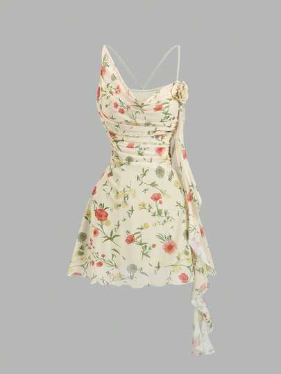 Sweetra Vestido floral verde elegante y sexy con estampado de sirena, tirantes finos, volantes en la cintura, espalda descubierta y calado, para mujer. Atuendo casual de primavera/verano para vacaciones y playa