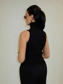 MDEdit 女士秋冬新款高领无袖紧身罗纹黑色背心毛衣，适合日常穿着 - 黑色 - 查看 3