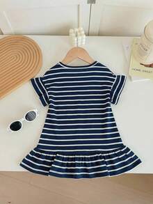 SHEIN Baby Girl Cute Knitted Striped Heart Pattern Short Sleeve Dress, Spring/Summer - Royal Blue - View 6
