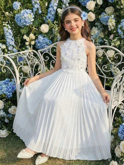 Vestido de fiesta largo con estampado floral 3D y escote halter elegante para niñas en color blanco