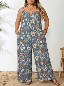 SHEIN CURVE+ 大码女式印花连体裤，适合夏季穿着，带口袋，曲线修身，Hoho Vacation沙滩装/沙滩裙/沙滩度假装/沙滩必备/毕业典礼/下午茶会连衣裙/夏季/乡村/沙滩度假装/沙滩装/沙滩服饰 - 彩色 - 查看 3