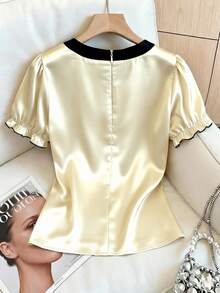 GlowEve CURVE Plus Size Women's Spring/Summer Fashion Elegant Commuter Bow Decor Puff Sleeve Short Sleeve Blouse - Apricot - View 2
