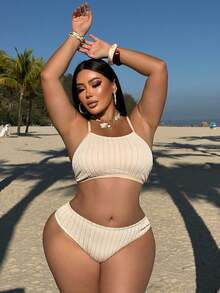 Slaydiva بيكيني بحجم كبير للنساء بحمالات متقاطعة وياقة حلقة، قطعتان بأسفل مرتفع - لون مشمشي - مشاهدة 5