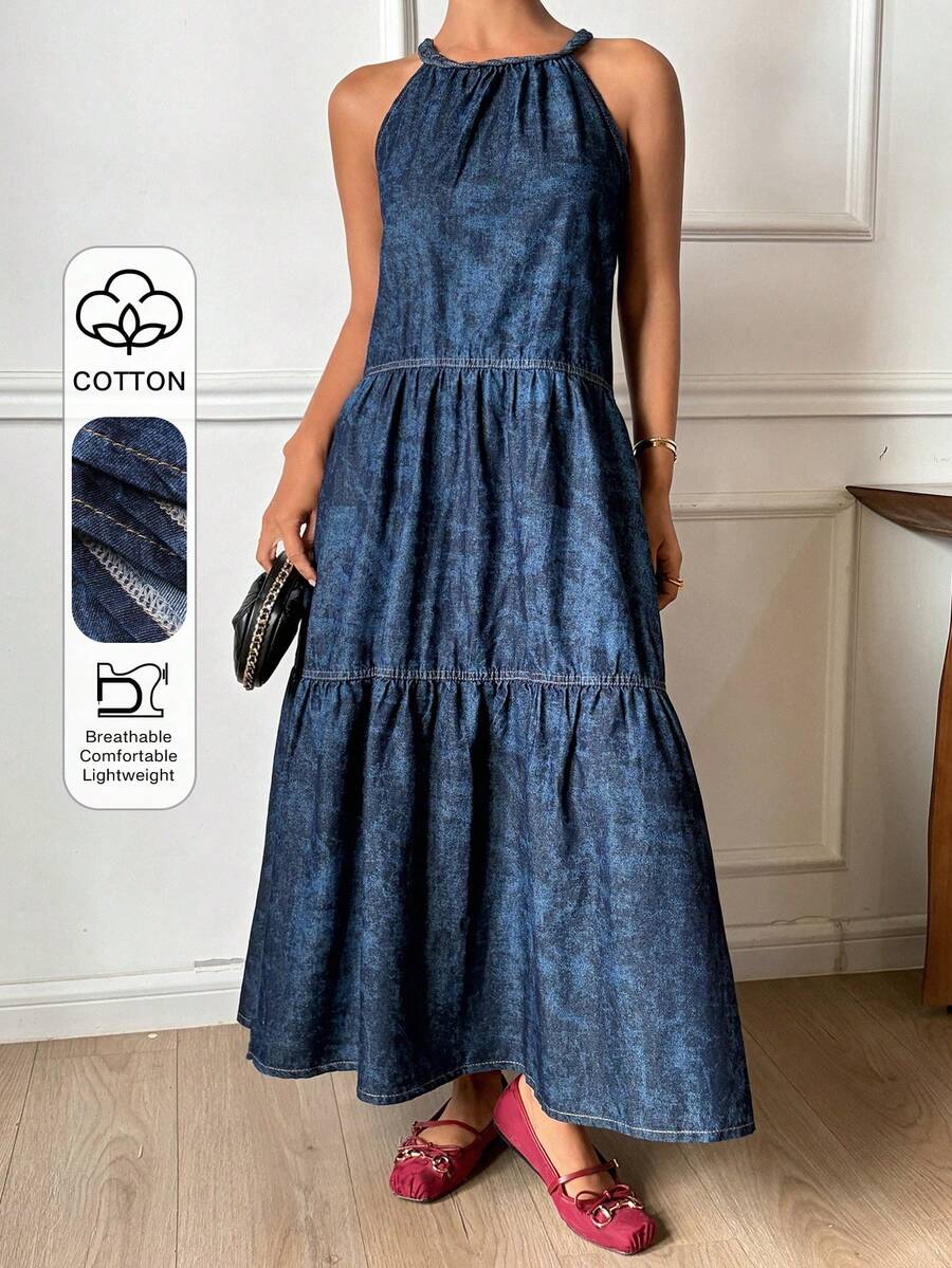 DAZY Western Cowgirl Tie-Dye Print Loose Strap Dress Off Shoulder Sleeveless Casual Vacation Dress For Women Summer - Blue - View 1