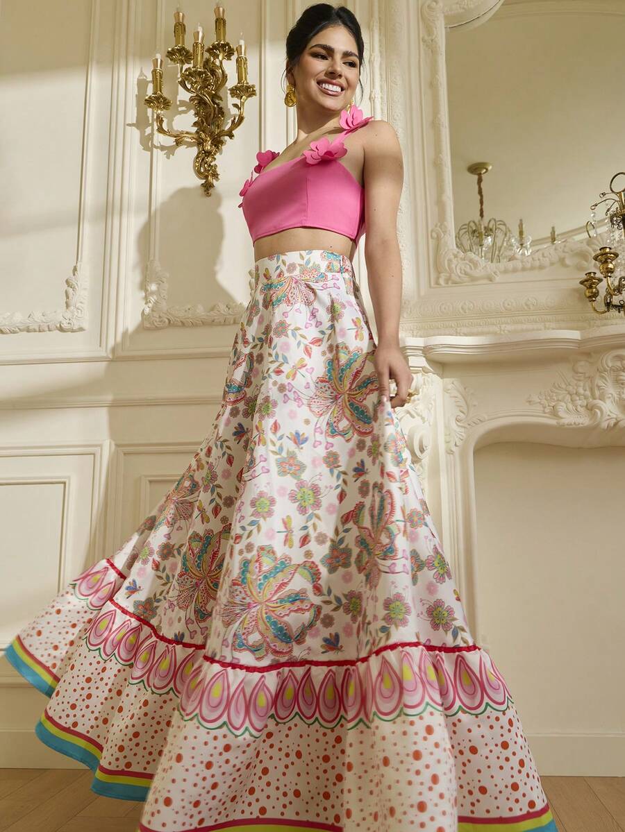 LOTSLUV 女士彩色爱心花卉印花半身裙，抽象图案，缎面质感 - 彩色 - 查看 1