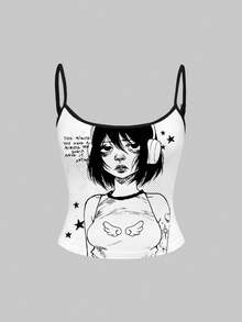 ROMWE Áo tank top hai dây gợi cảm, tối màu, lấy cảm hứng từ anime dành cho nữ. - màu đen - Xem 1