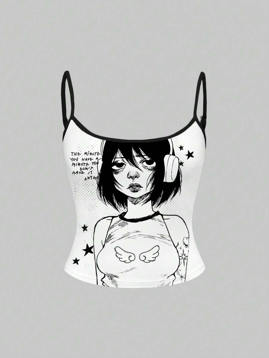 ROMWE Áo tank top hai dây gợi cảm, tối màu, lấy cảm hứng từ anime dành cho nữ. - màu đen - Xem 1