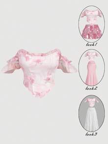 SHEIN MOD Women's Elegant Floral Print Off-Shoulder Top, Summer - Pink - View 1