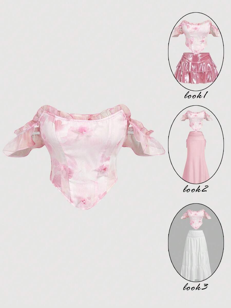 SHEIN MOD Women's Elegant Floral Print Off-Shoulder Top, Summer - Pink - View 1