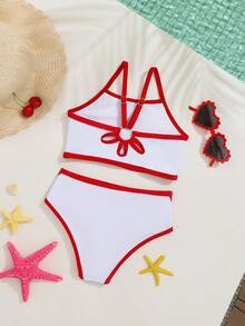 Cute Cherry Print Backless Young Girls Camisole Bikini Top - Red and White - View 2