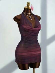 Zestiva New Ombre Draped Neck Halter Dress For Women - Rust Brown - View 4