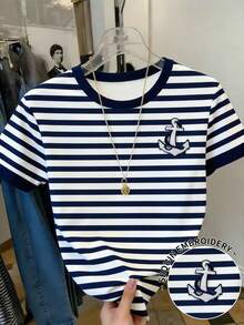 Resyla 女士休闲锚图案亮片刺绣条纹T恤，夏季 - 彩色 - 查看 3