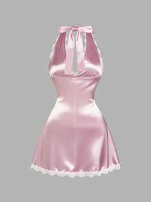 Sweetra 性感深V领蕾丝缎面吊带连衣裙，露背A字迷你裙，百搭显瘦，适合旅行度假 - 淺粉色 - 查看 2