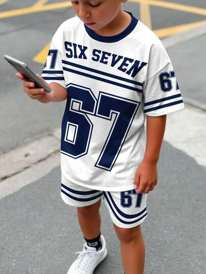 Teen Boy Casual Minimalist Short Sleeve Crew Neck T-Shirt And Shorts Set, Suitable For Summer. Classic Cool Sporty Baseball Style Graphic, Classic Stripes, Classic Street Chic Number 6, 7, "Six", "Seven" Print, Suitable For Sports, Suitable For Back To School