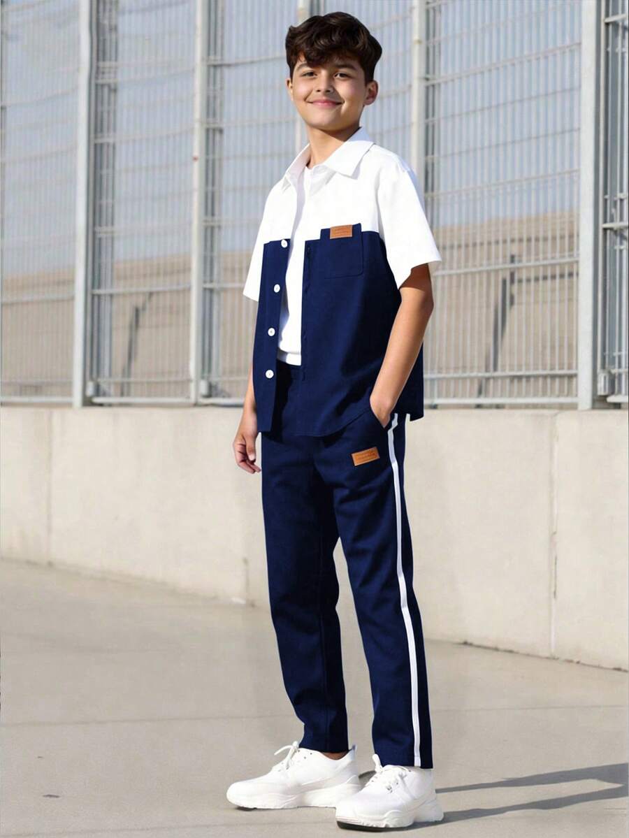 Vacaura 青少年男童薄款短袖长裤套装，经典黑白拼接装饰衬衫，休闲直筒裤，户外青少年服装，春秋季 - 彩色 - 查看 1