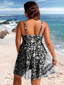 Swim Lushoire Damen Große Größen Retro Muster Kontrast Mesh Träger Ein-Teiler Badeanzug-Kleid - Schwarz - Übersicht 2