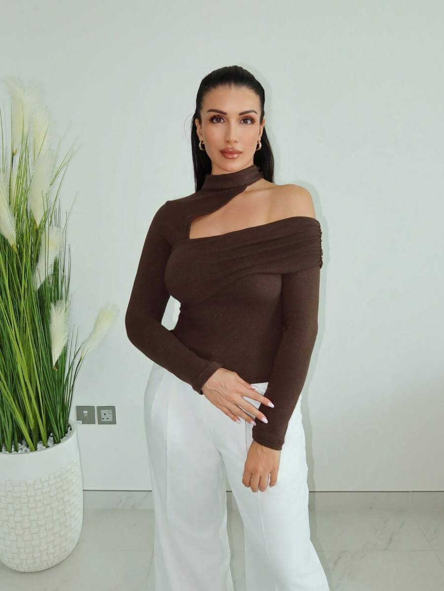 MDEdit 女式纯色立领长袖镂空褶饰修身时尚T恤 - 黑與白 - 查看 1