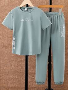 SHEIN Tween Boys Set Kantong Huruf Slogan Casual - Hijau - View 3