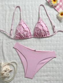 Swim Mod Conjunto de Maiô Bikini Triângulo Retrô de Alta Qualidade Feito à Mão com Contas para Mulheres, Maiô Bikini de Praia Sexy com Decoração de Contas, Cor Sólida Versátil para Primavera/Verão - Rosa Bebê - Visão 2