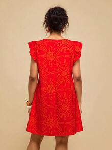 Travachic Plus Size Women's Red Abstract Line Print Dress, Round Neck Abstract Sun Pattern Loose Short Dress - Red - View 2
