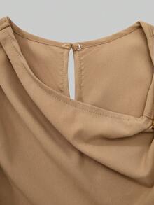 Asymmetric Shoulder Design With Metal Buckle Decor, Fashionable And Eye-Catching; Sleeveless Silhouette Is Fresh And Neat, Paired With A Matching Waist Belt To Create A Snug Fit Effect; Flowing Fabric Is Comfortable, A-Line Dress Is Dynamic, Simple Yet Elegant, Suitable For Daily Wear. - Khaki - View 3