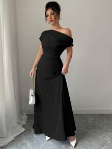 Elenzga Elegant Solid Color Asymmetrical Shoulder Ruched Waist Dress - Black - View 5
