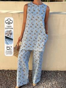 DAZY Women's Floral Print Sleeveless Long Tank Top And Wide Leg Pants Casual Summer 2 Pieces Set - Blue - View 1