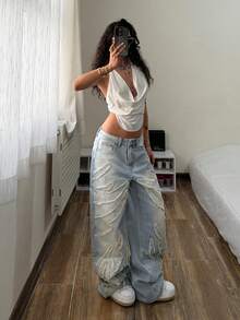 StreetHx Quần jeans ống rộng nữ thời trang thường ngày, phong cách đường phố retro, thêu họa tiết, gấu quần rách. - Rửa nhẹ - Xem 6