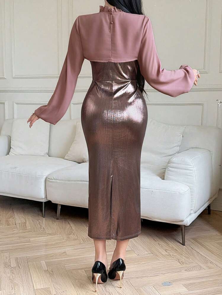 2pcs Women Set: Solid Color Frill Stand Collar Lantern Sleeve Cropped Top And Metal Accent Camisole Dress Summer