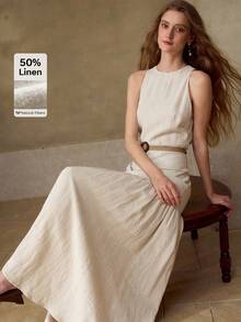 MOTF PREMIUM WOMEN'S 100% LINEN ROUND NECK SLEEVELESS MID-LENGTH CASUAL/DATE DRESS, SPRING/SUMMER - Apricot - View 6