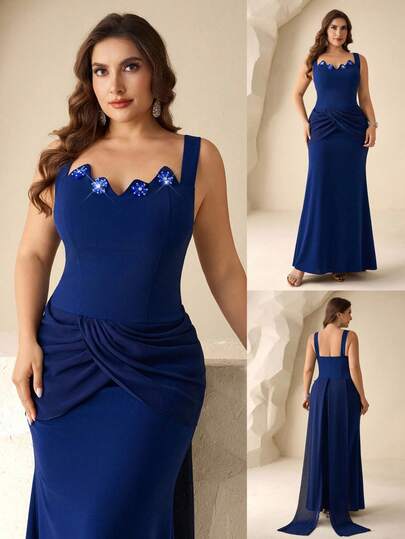 Coutiva Plus Size Women Rhinestone Floral Decor Elegant Fitted Formal Evening Gown Royal Blue Elegant Dress Women Cobalt Blue Dress Blue Cocktail Dress Blue Party Dress Navy Blue Elegant Dress Royal Blue Plus Size Dress Plus Size Evening Gown Curve Plus Formal Dress Bridesmaid Dress Plus Size Plus Size Formal Dress Royal Blue Formal Dress  Graduation Ceremony, School Opening, Music Festival, Birthday Party, Wedding, Afternoon Tea Gathering, Ball