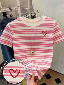 Resyla Áo thun cổ tròn tay ngắn in hình trái tim thêu kỹ thuật số dành cho nữ - Nhiều màu - Xem 3