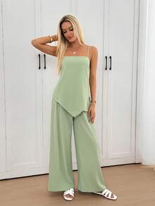 Easowa 2pcs Pea Green Camisole Top And Pants Set, Suitable For Casual Daily And Vacation Wear, Spring/Summer - Green - View 4