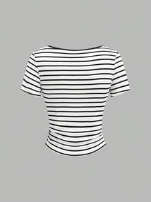 Ellevyn Women's Striped Square Neck Short Sleeve T-Shirt And Pants Casual 2 Pieces Set - Black and White - View 2