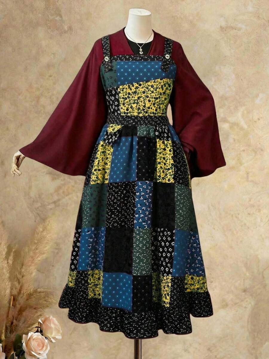 Sweetra CURVE Vintage Romantic Floral Print Patchwork Slim Fit Suspender Dress - Black - View 1