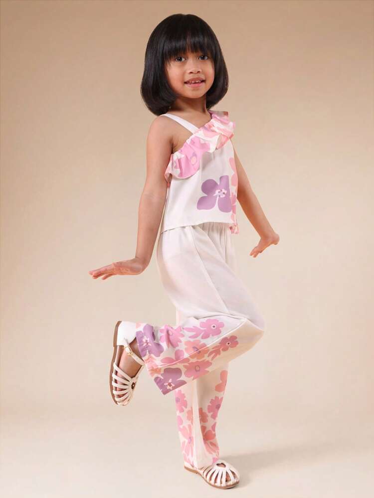 Girls One Shoulder Ruffle Tank Top And Palazzo Pants Co-Ord Set With Pink Purple Floral Print Summer Outfit