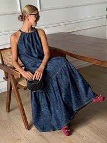 DAZY Western Cowgirl Tie-Dye Print Loose Strap Dress Off Shoulder Sleeveless Casual Vacation Dress For Women Summer - Blue - View 6