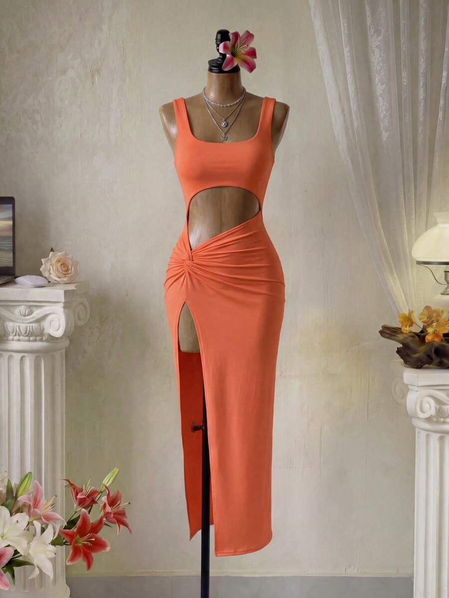 Femesol Cắt ra Mặt trước xoắn Tách đùi Đầm - Màu Hồng  San hô - Xem 1