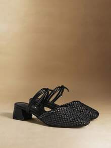 Rosivie Women's Shoes, Summer, Breathable Woven Straps, Square Toe, Thick Heel, Low Heel, Casual Vacation Style, Straw Material, Black, Mule Shoes, Daily Wear/Seaside Travel - Black 1 - View 3